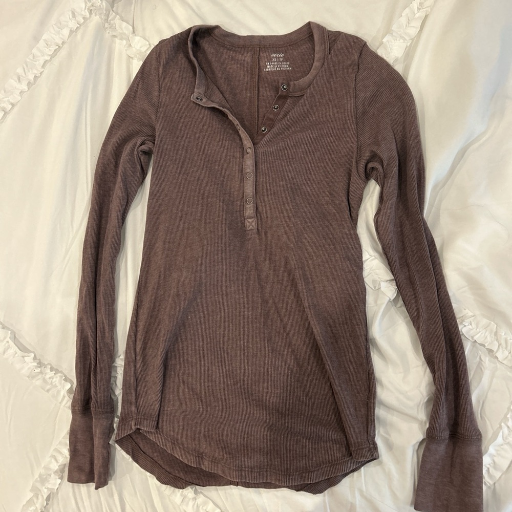 Aerie Brown Ribbed Long Sleeve W Buttons